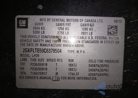 2012 GMC Terrain Sle-2 из США, поврежденный, VIN 2GKFLTE59C6378504